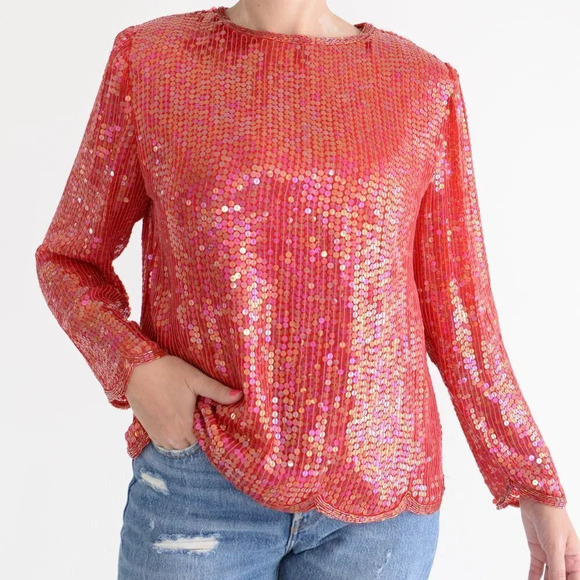 Lord  & Taylor Red Sequin Long Sleeve 100% Silk Shirt with Shoulder Pads Small - Picture 3 of 14
